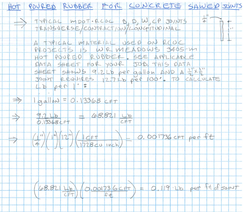 Sample hot poured rubber concrete sawed joints calculations with formula steps